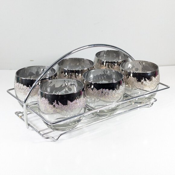 MCM chromed bar caddy with 6 Silver ombre fade Fade Roly Poly cocktail glasses - Picture 1 of 9